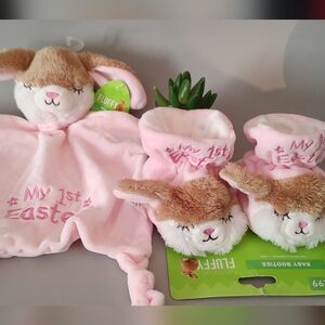 Baby Lovey And Booties My First Ester Color Pink Rabbits New Super Fluffy 2 Pc